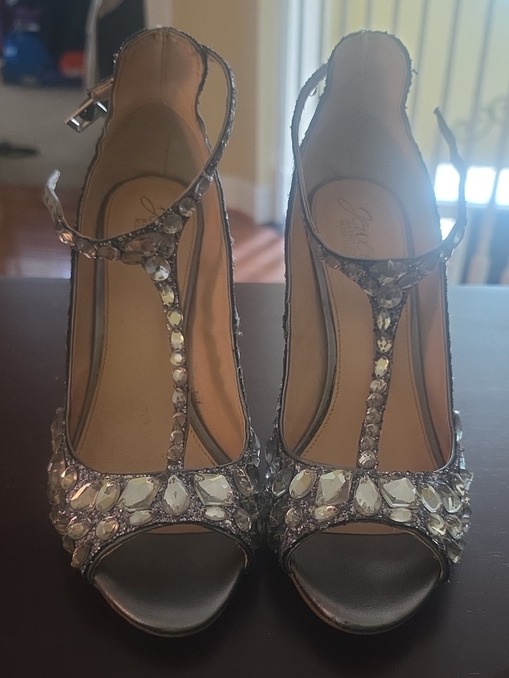 Badgley Mischka Crystal-Embellished T-Strap Heels in Silver